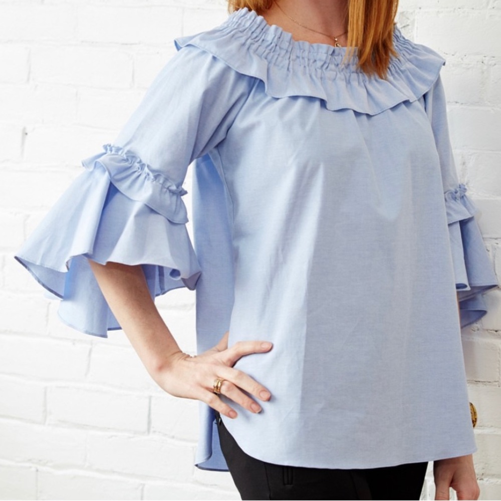 Sara Campbell Ruffle Sleeve Chambray Top